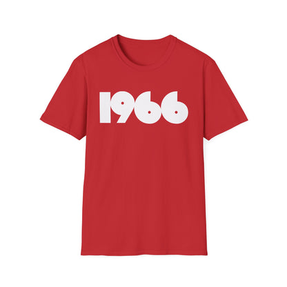 Red t-shirt with white "1966" graphic printed on the front.