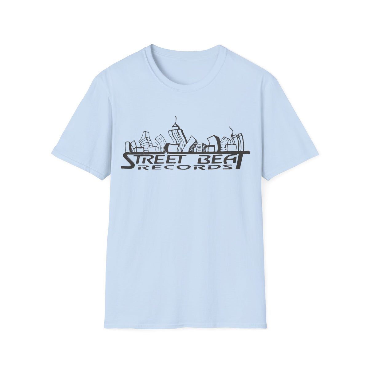 Light blue t-shirt with black "Street Beat Records" text and cityscape graphic.