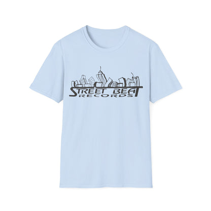 Light blue t-shirt with black "Street Beat Records" text and cityscape graphic.