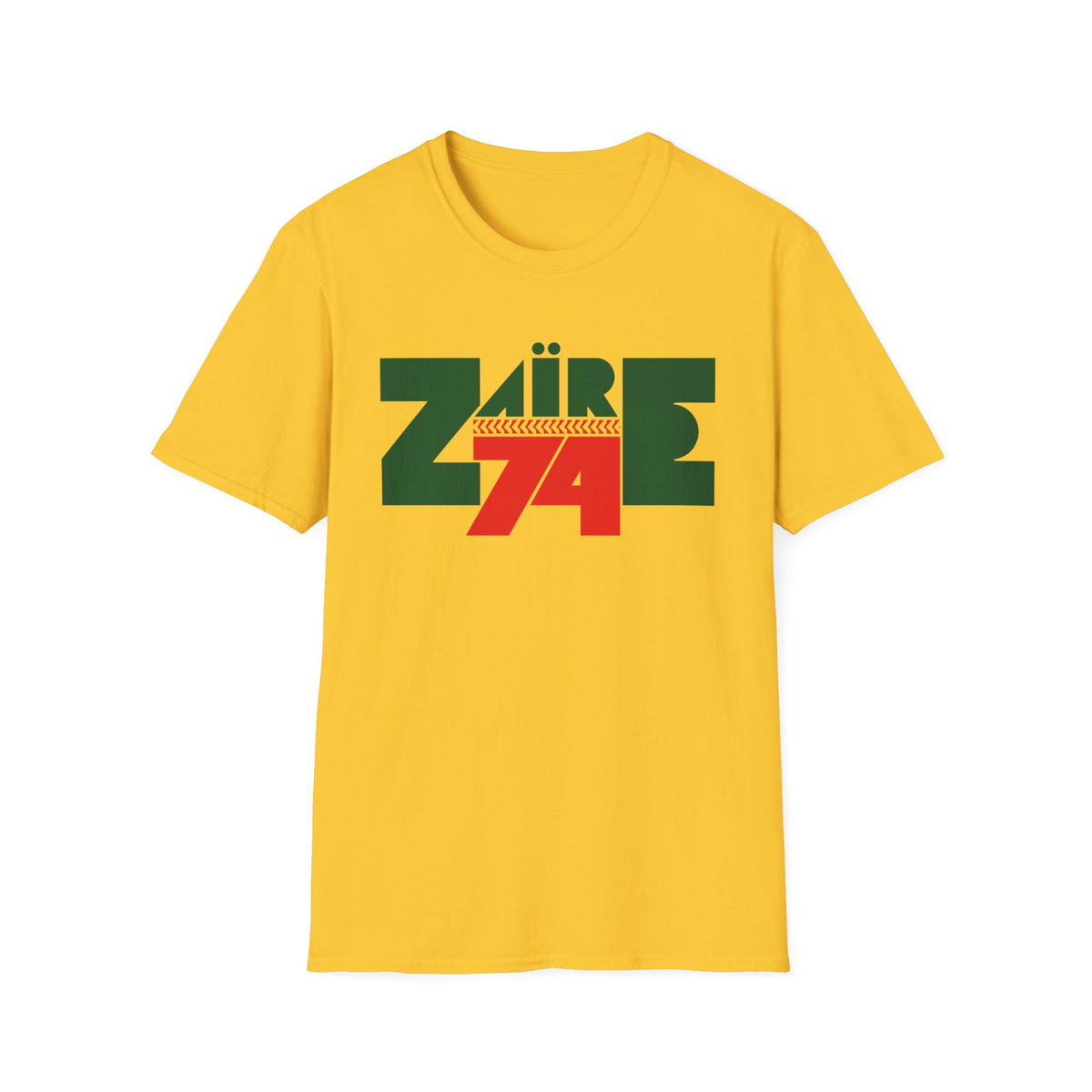 Yellow t-shirt with green and red "Zaire 74" graphic.