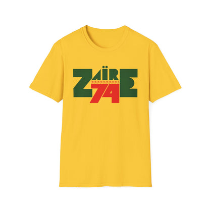 Yellow t-shirt with green and red "Zaire 74" graphic.