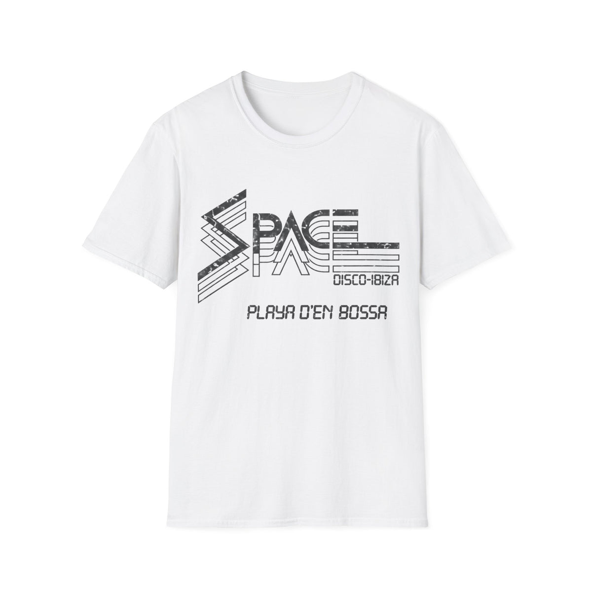 White t-shirt with "SPACE DISCO-IBIZA PLAYA D'EN BOSSA" graphic design.