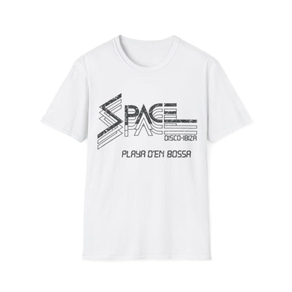 White t-shirt with "SPACE DISCO-IBIZA PLAYA D'EN BOSSA" graphic design.