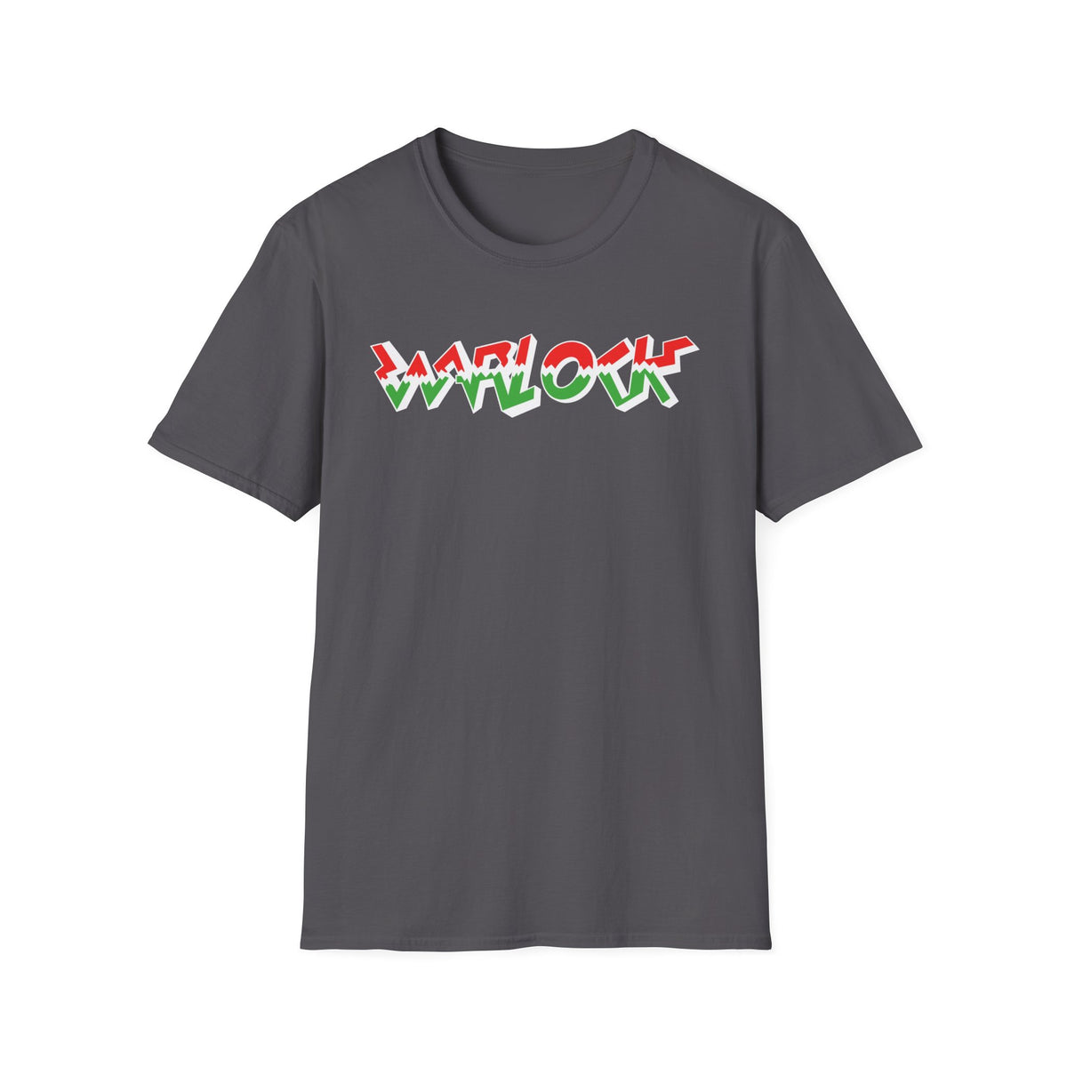 Dark grey t-shirt with bold red, white, and green "WARLOCK" text.
