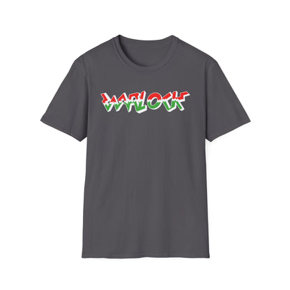 Dark grey t-shirt with bold red, white, and green "WARLOCK" text.