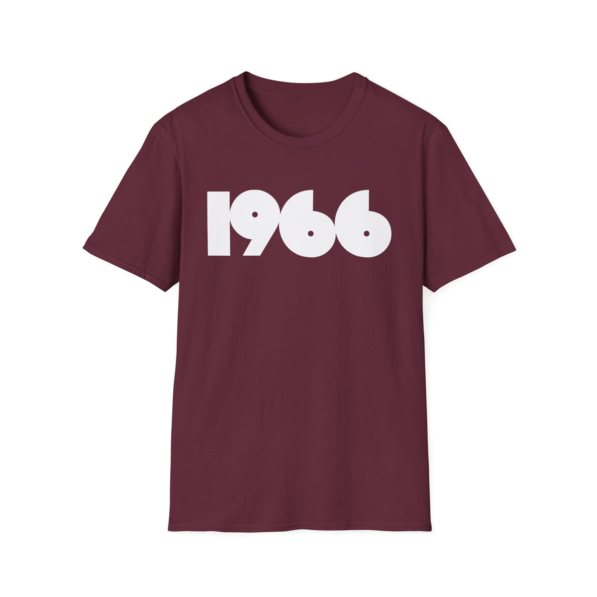 Maroon t-shirt with white text "1966" centered on the front.