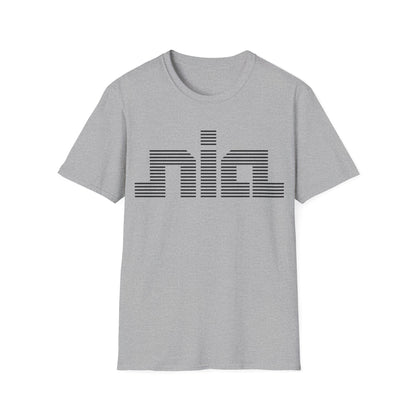 Grey t-shirt with black horizontal striped "nia" logo on chest.