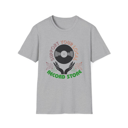 Grey t-shirt with "Support Your Local Record Store" text and vinyl record graphic.