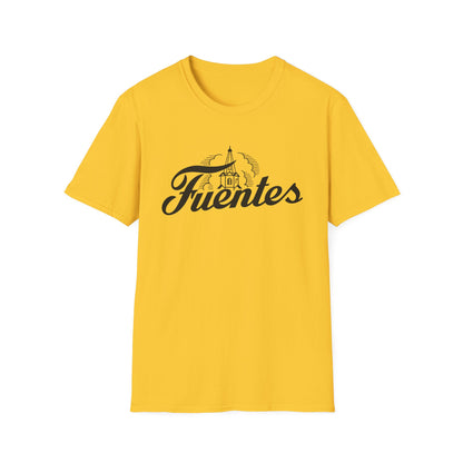 Yellow t-shirt with black text and graphic of a building.