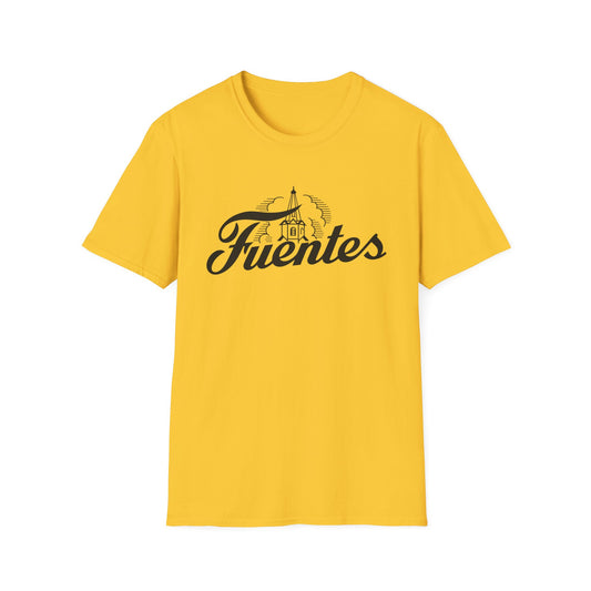 Yellow t-shirt with black text and graphic of a building.
