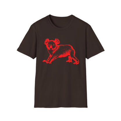 Brown t-shirt with a distressed red koala graphic on the front.