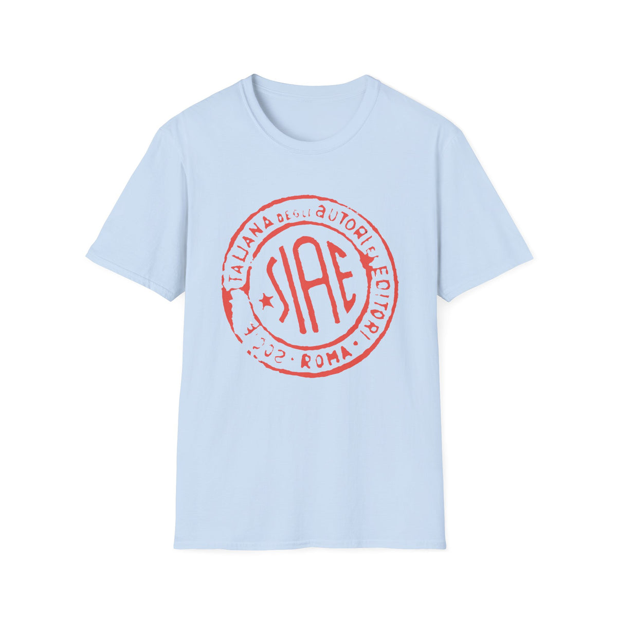 Light blue t-shirt with red "SIAE ITALIANA DEGLI AUTORI EDITORI 2022 ROMA" stamp.
