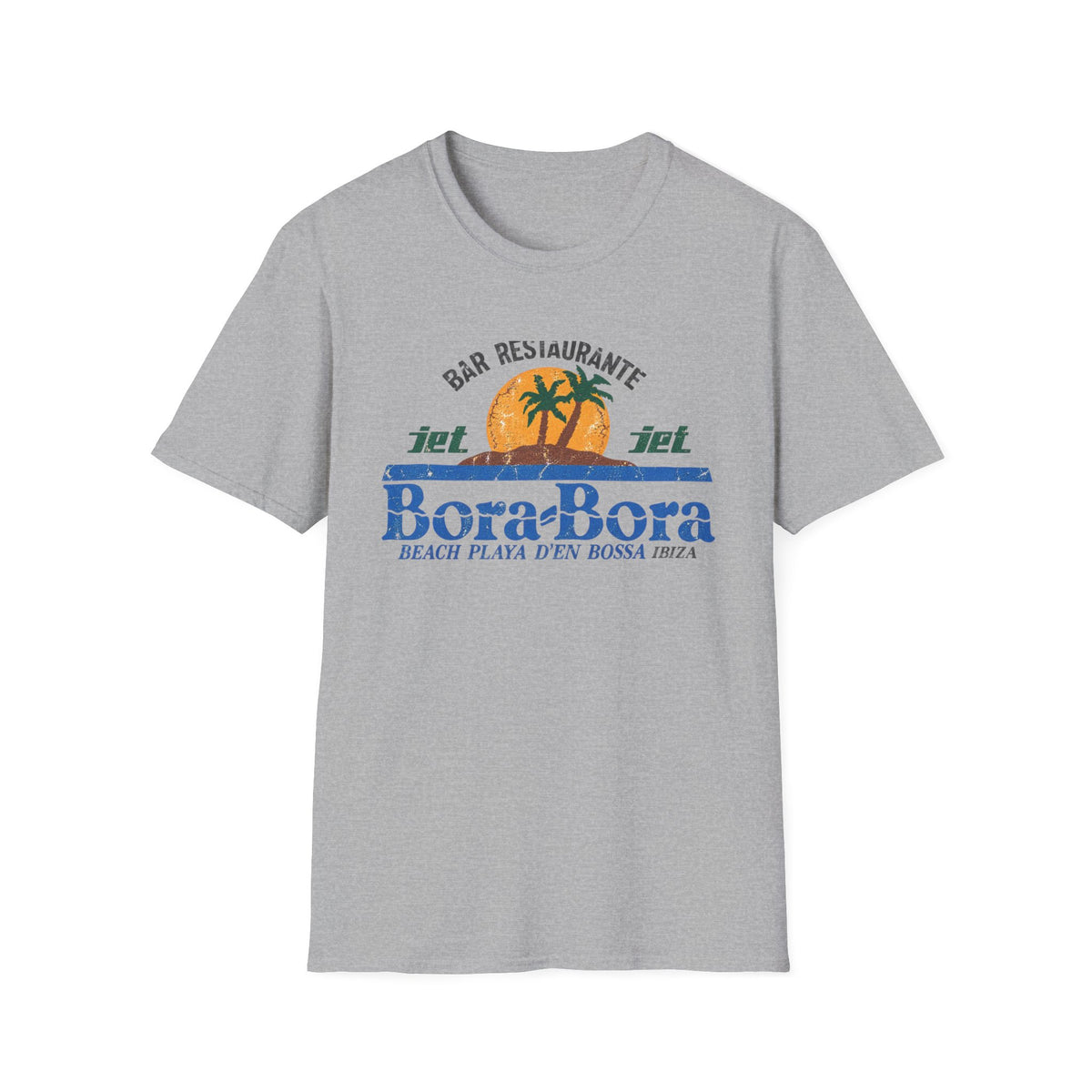 Grey t-shirt with "Bora Bora Beach Playa D'en Bossa Ibiza" graphic.