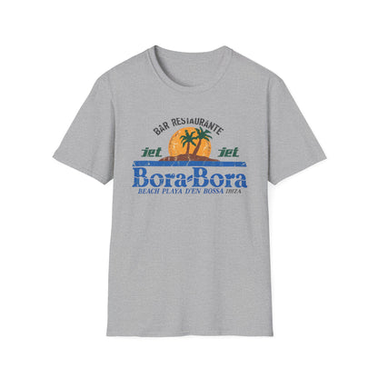 Grey t-shirt with "Bora Bora Beach Playa D'en Bossa Ibiza" graphic.