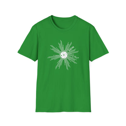 Green t-shirt with white "SUN-RA Space is the Place" graphic on a sunburst design.