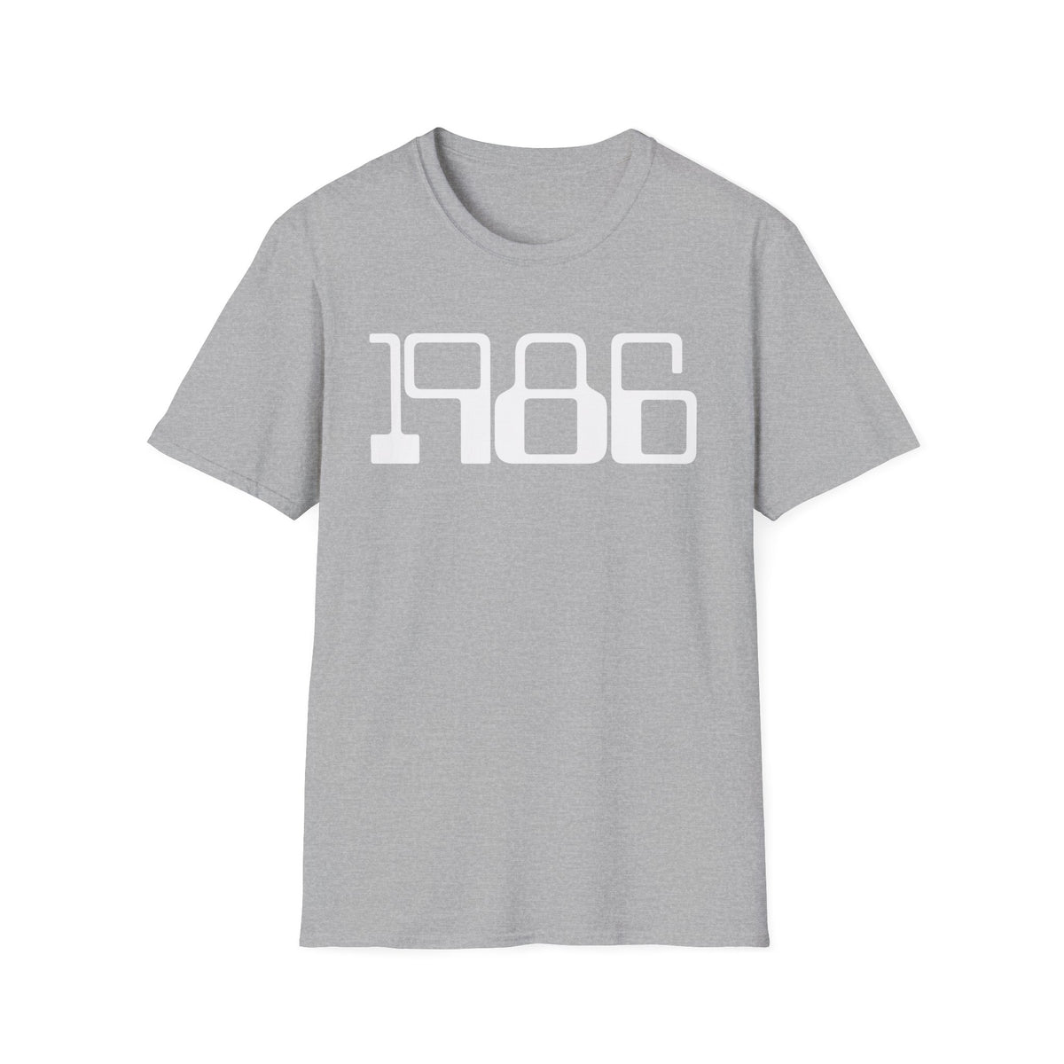 Grey t-shirt with "1986" printed in white on the chest.
