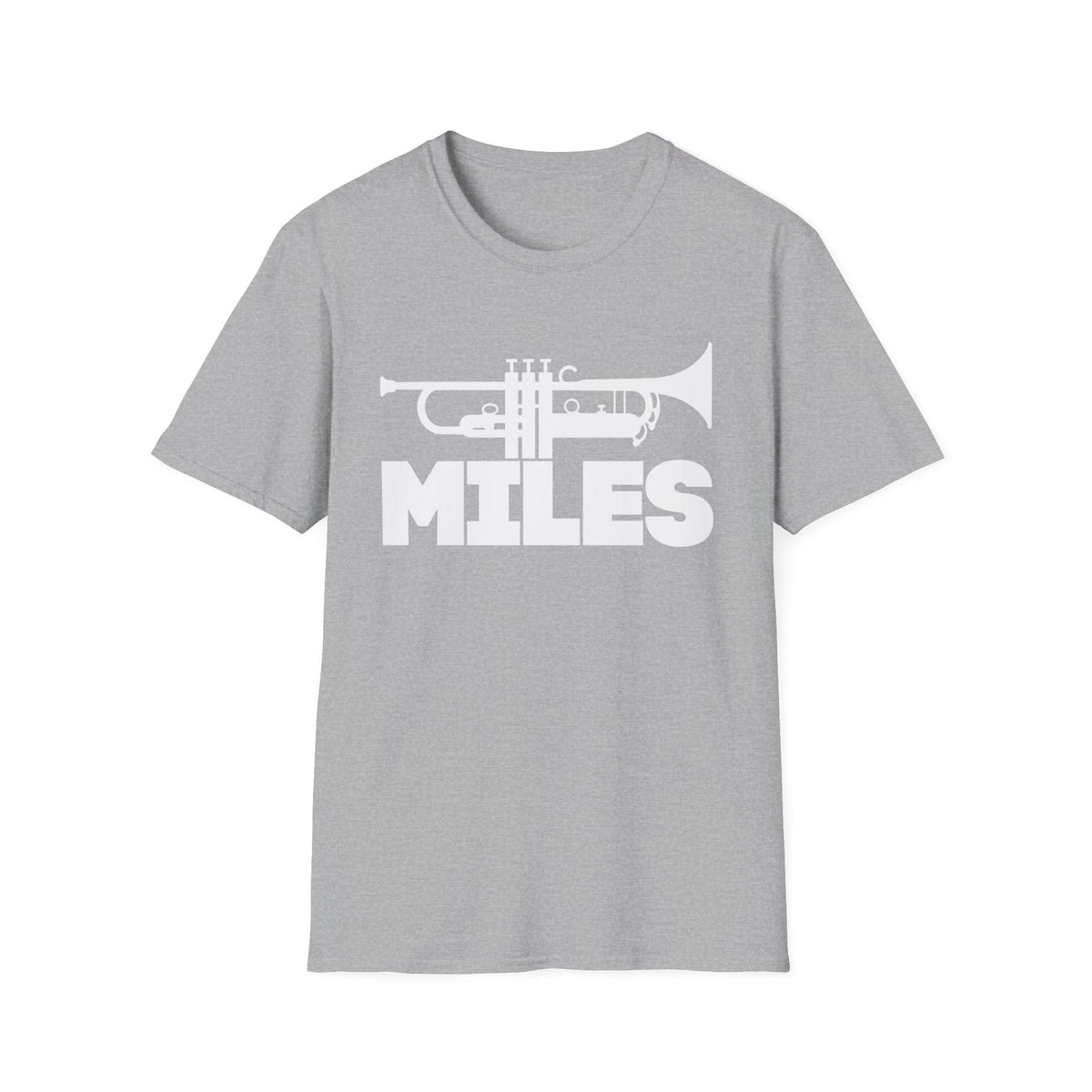 Grey t-shirt with white trumpet graphic and the word MILES.