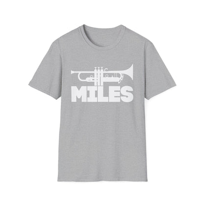 Grey t-shirt with white trumpet graphic and the word MILES.