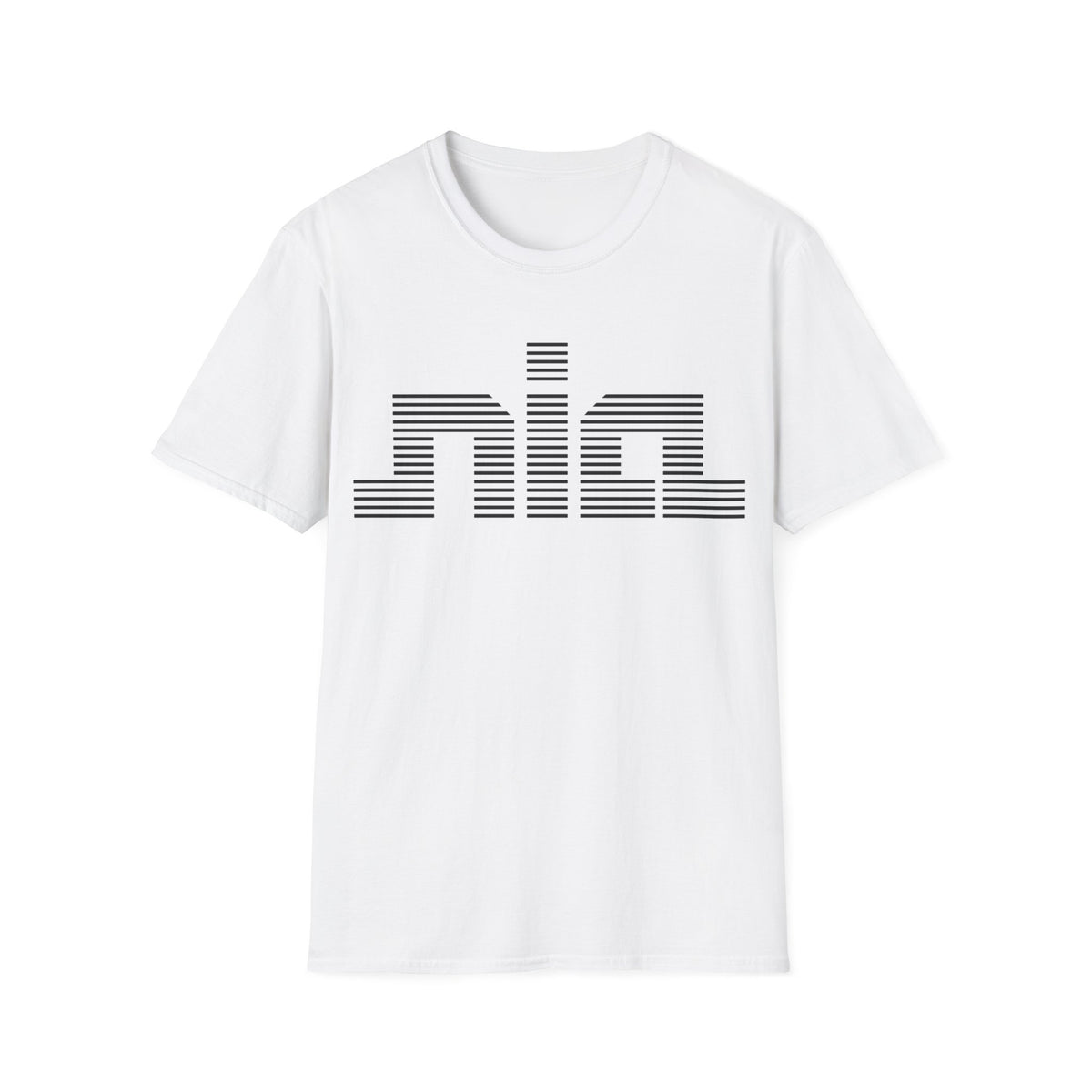 White t-shirt with black striped "nia" logo.