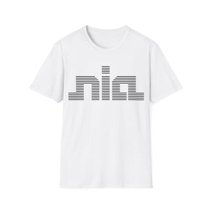 White t-shirt with black striped "nia" logo.