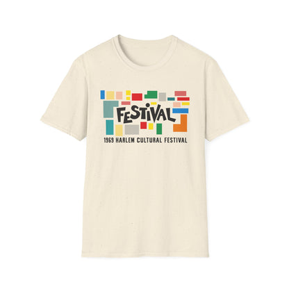 Cream t-shirt with "FESTIVAL" and "1969 HARLEM CULTURAL FESTIVAL" text.