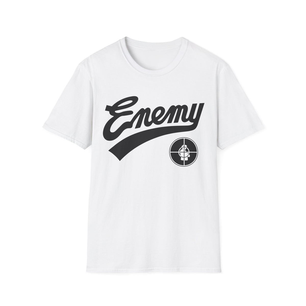 White t-shirt with black "Enemy" text and a black target logo.