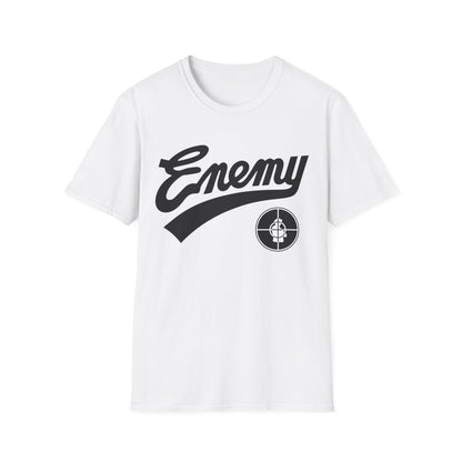 White t-shirt with black "Enemy" text and a black target logo.