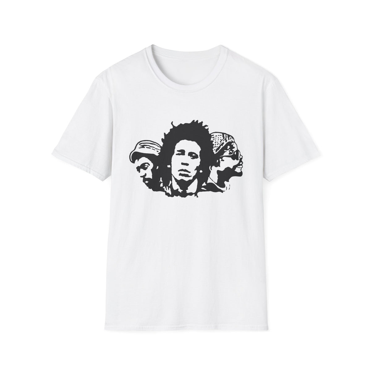 White t-shirt with a black stencil graphic of three faces.