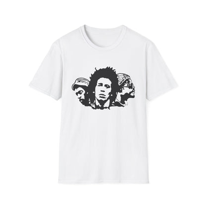 White t-shirt with a black stencil graphic of three faces.