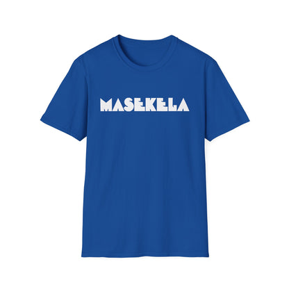 Royal blue crew neck t-shirt featuring the word MASEKELA printed in white bold lettering across the chest.