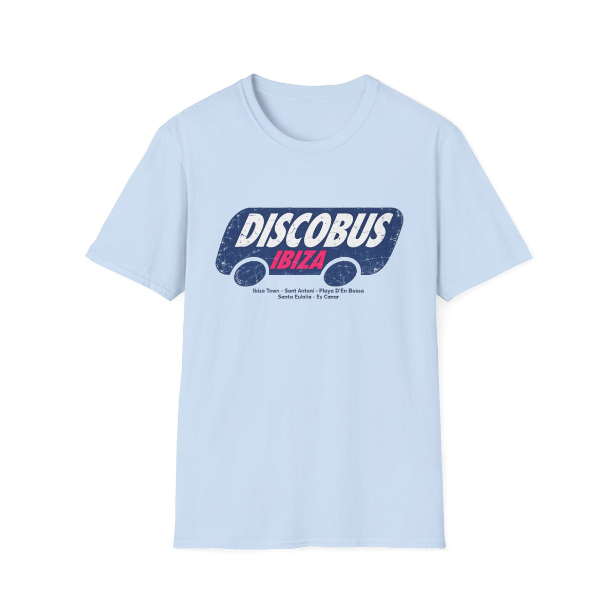 Light blue t-shirt with distressed "DISCOBUS IBIZA" text and locations.