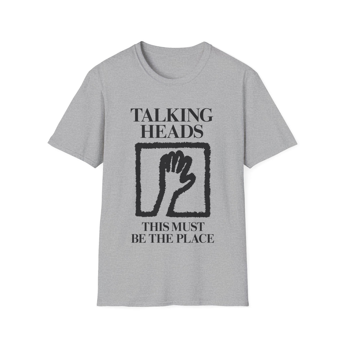 Grey t-shirt with "Talking Heads This Must Be The Place" and hand logo.