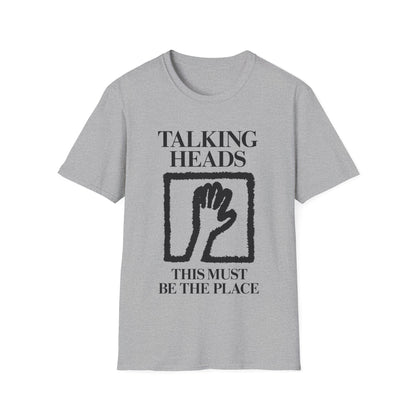 Grey t-shirt with "Talking Heads This Must Be The Place" and hand logo.