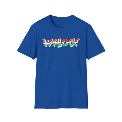 Blue t-shirt with red, white, and green "WARLOCK" text graphic.