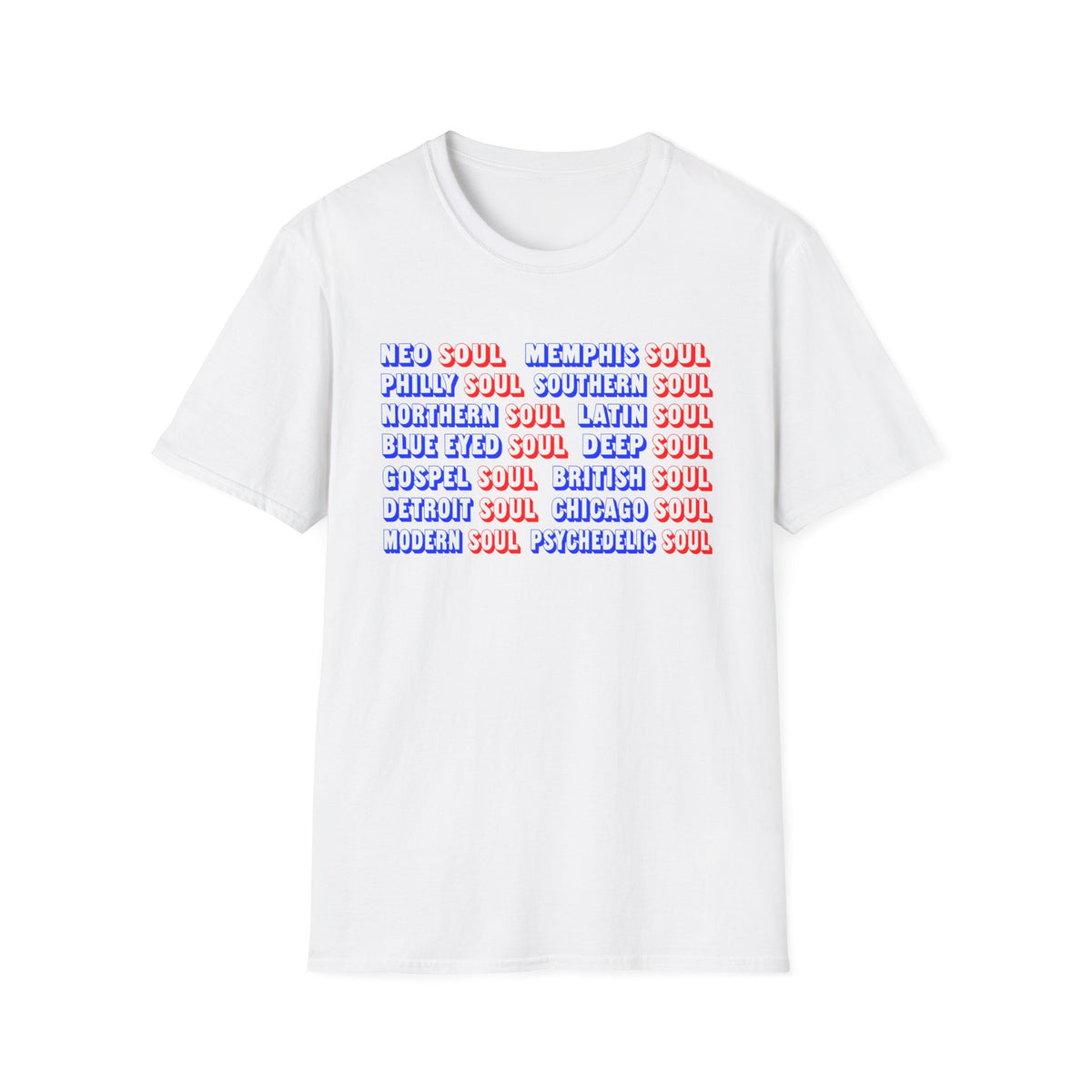 White t-shirt with a list of soul music subgenres in red and blue text.