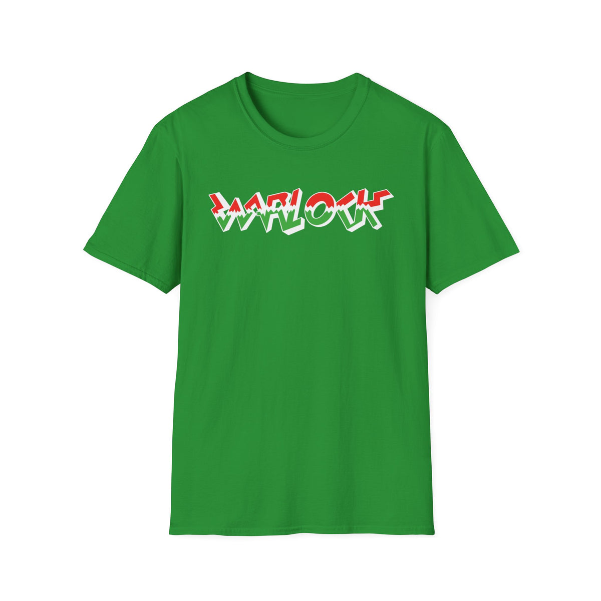 Green t-shirt with red and white "WARLOCK" text graphic.