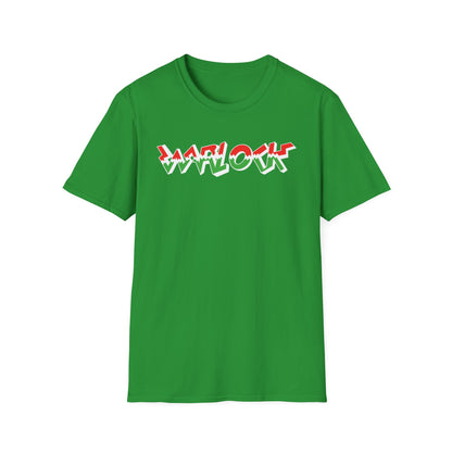 Green t-shirt with red and white "WARLOCK" text graphic.