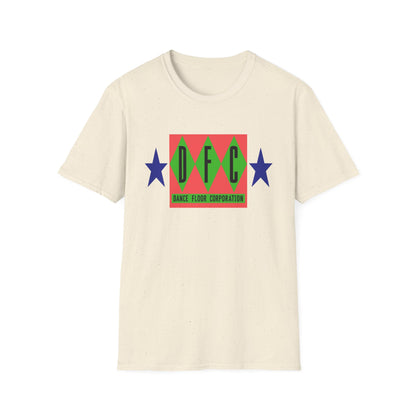 Cream t-shirt with a red rectangle graphic containing "DFC" and "DANCE FLOOR CORPORATION".