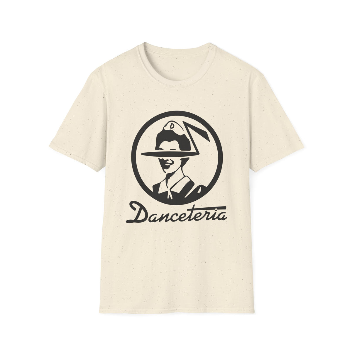 Cream t-shirt with a black Danceteria logo featuring a stylized person wearing a hat.