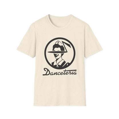 Cream t-shirt with a black Danceteria logo featuring a stylized person wearing a hat.