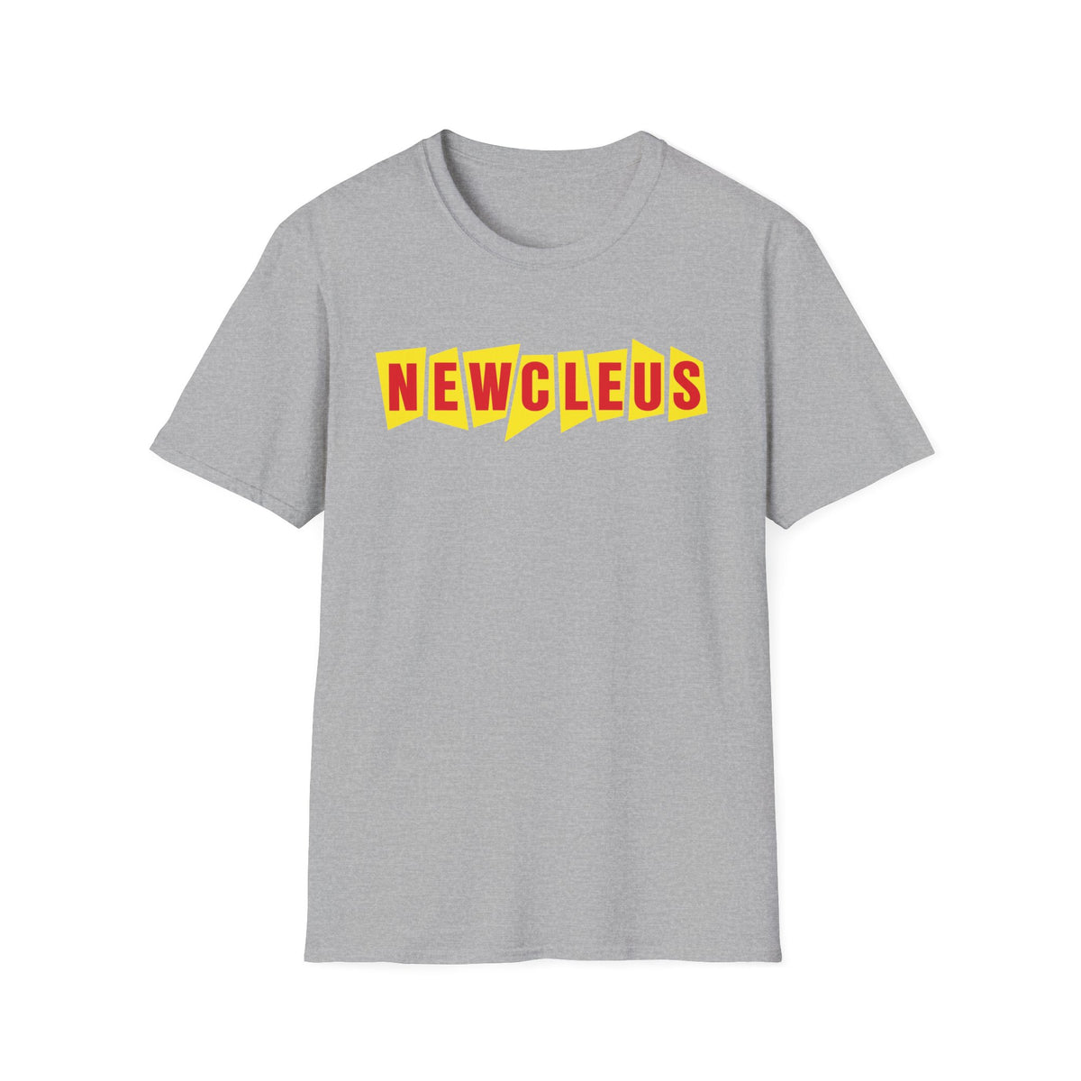 Grey t-shirt with "NEWCLEUS" text in red and yellow.