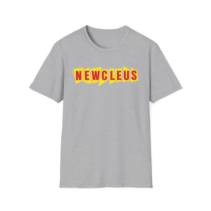Grey t-shirt with "NEWCLEUS" text in red and yellow.