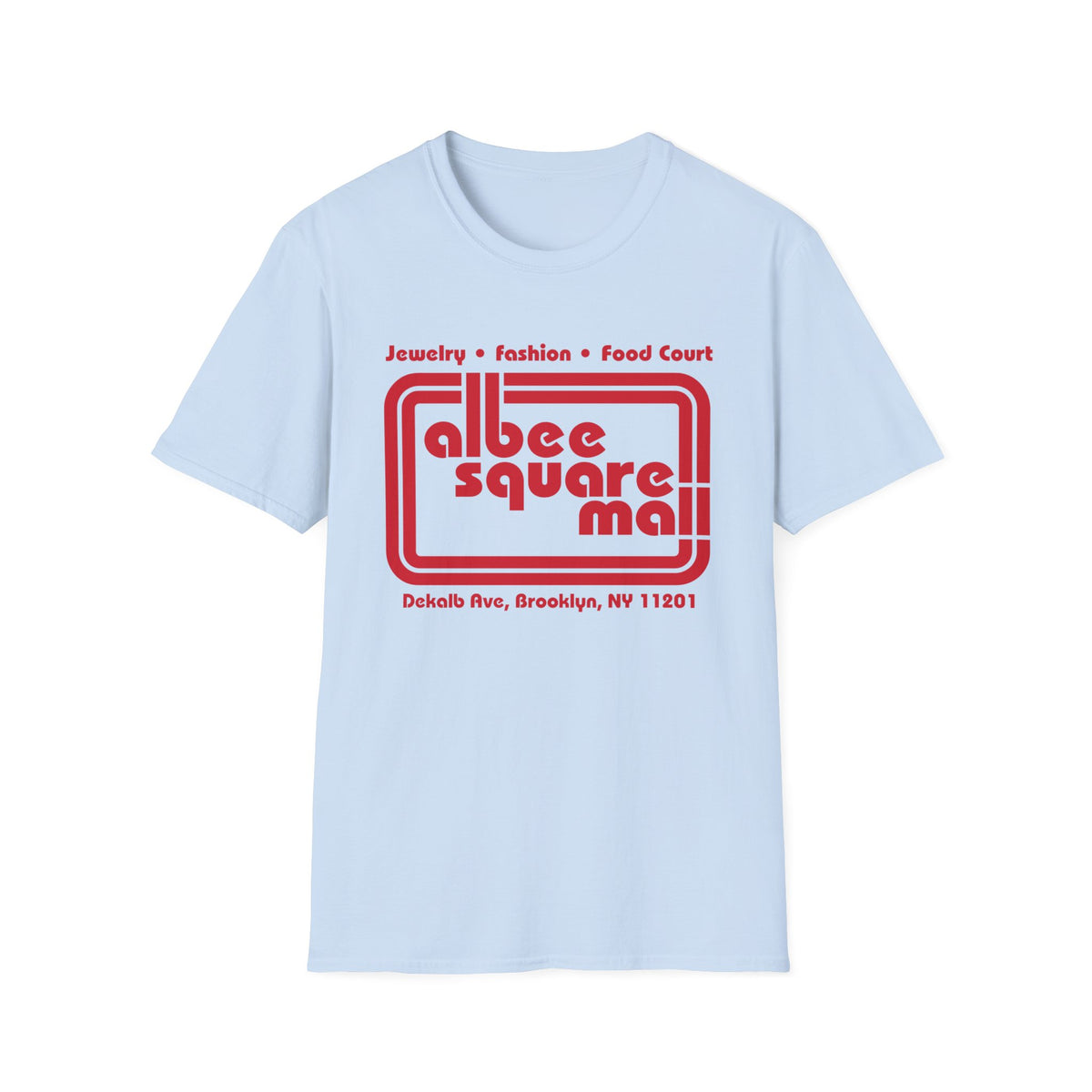 Light blue t-shirt with red Albee Square Mall logo and address.