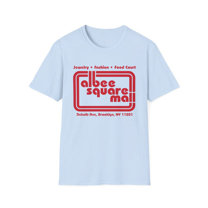 Light blue t-shirt with red Albee Square Mall logo and address.
