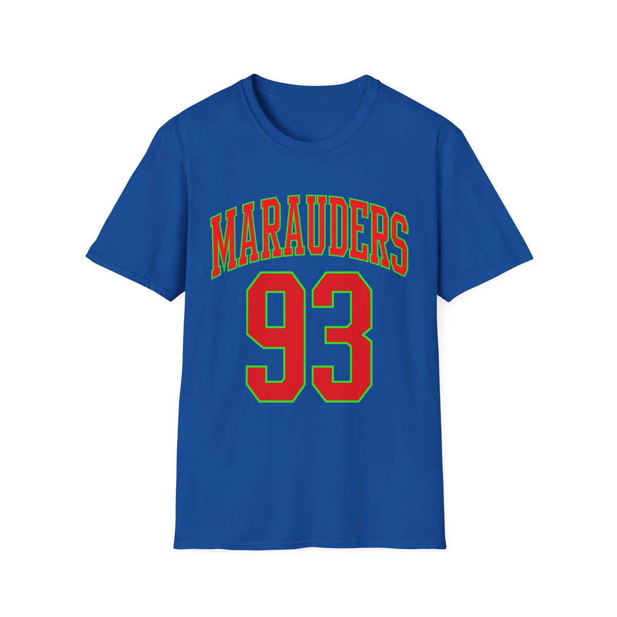 Blue t-shirt with "Marauders 93" in red and green lettering.