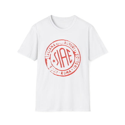 White t-shirt with a red circular stamp logo featuring "SIAE ITALIANA DEGLI AUTORI E EDITORI ROMA 2002".