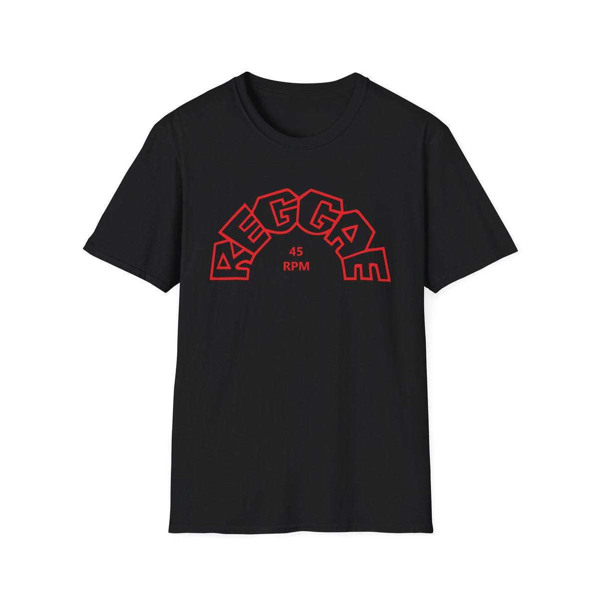 Black t-shirt with red "REGGAE 45 RPM" graphic design.