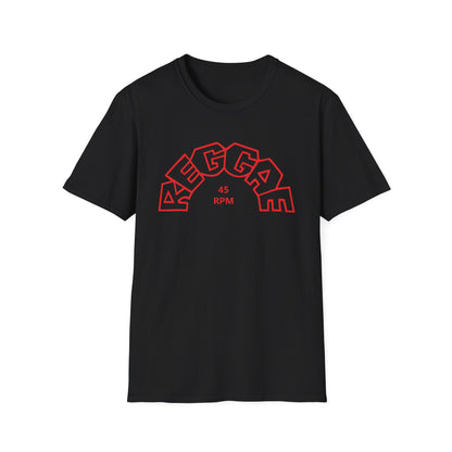 Black t-shirt with red "REGGAE 45 RPM" graphic design.