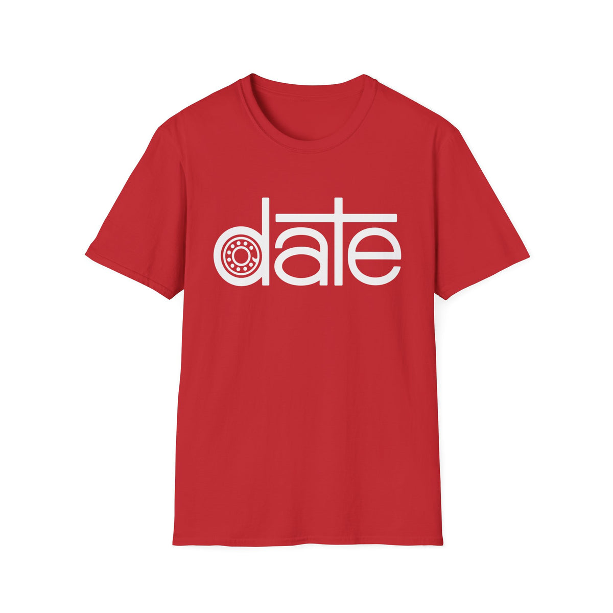 Red t-shirt with white "date" text and a wheel graphic.
