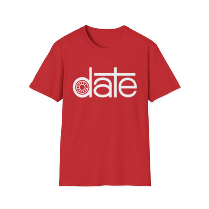 Red t-shirt with white "date" text and a wheel graphic.